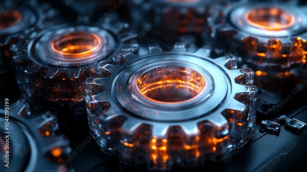 Fototapete these illuminated mechanical gears are arranged together, displaying a captivating interplay of ligh