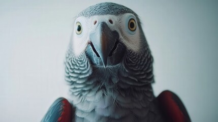 Unique African grey parrot with red tail feathers and a curious expression, perched on white.