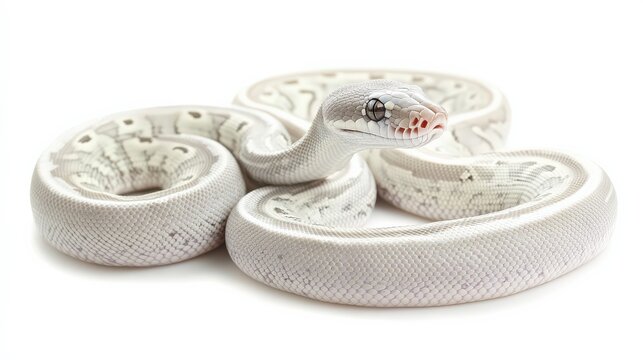 Unique pet axanthic ball python, its silver-gray tones highlighted against the white backdrop.