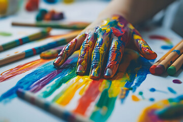 Fototapeta premium Child's hands covered in vibrant paint, creating a rainbow on paper with scattered crayons, capturing creativity and joy