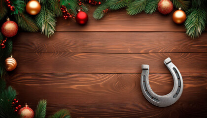 Wooden plank surface background with Christmas decorations around the edges and a silver lucky horseshoe