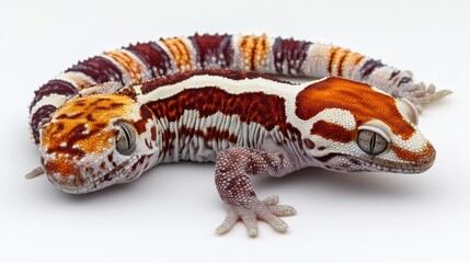 Unusual African fat-tailed gecko, crawling slowly on a white backdrop, showcasing its rare morph.