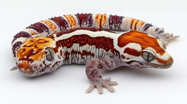 Unusual African fat-tailed gecko, crawling slowly on a white backdrop, showcasing its rare morph.