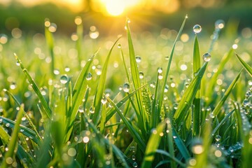 Fototapeta premium Closeup of Lush Green Grass with Dew Drops - Vibrant Nature Photography for Freshness and Serenity