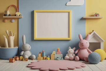 colorful frame mockup on childrens room wall, surrounded by playful toys and soft plush animals, creates cheerful and inviting atmosphere for kids