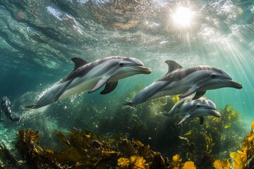 Fototapeta premium Dolphins swimming gracefully under shining ocean light near kelp