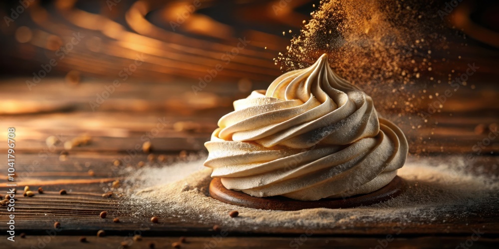 Poster A delicate swirl of meringue dusted with powdered sugar, creating a cloud-like dessert on a rustic wooden surface.