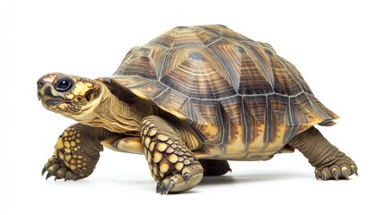 Obraz premium Unusual red-footed tortoise slowly walking across the white background, showing off its striking shell pattern.