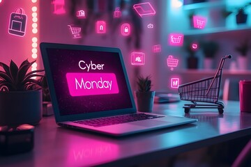 Sleek laptop on a modern desk displaying a vibrant Cyber Monday banner on the screen.