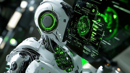 Fototapeta premium 3D render of a robot assistant with graphical interface, symbolizing agricultural technology