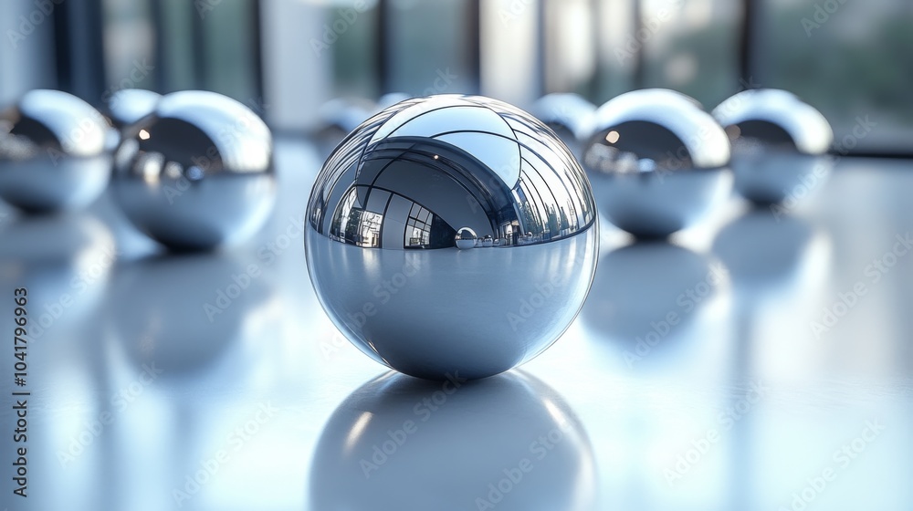Poster A collection of shiny metallic spheres is arranged on a sleek surface, reflecting light from large windows, creating an interesting play of reflections and shadows.
