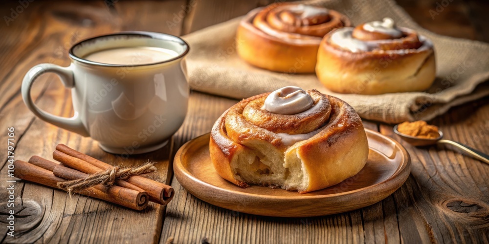 Poster a warm cinnamon roll with icing, served with a cup of coffee and a side of cinnamon sticks on a wood