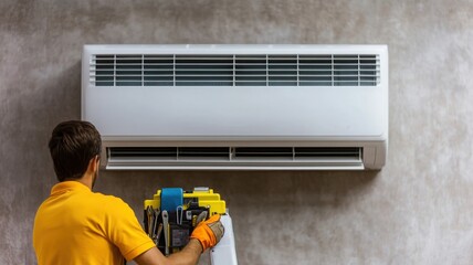 Technician installs air conditioner unit on wall, ensuring proper placement and functionality in modern indoor environment.