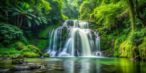 Fototapeta premium Waterfall cascading through lush green forest , nature, landscape, serene, tranquil, peaceful, woods, trees, wilderness