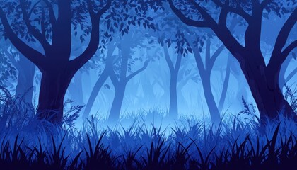 A serene, misty forest scene in shades of blue, evoking a calm and mysterious atmosphere.