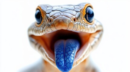 Vibrant blue-tongued skink with a bold blue tongue sticking out, isolated on white.