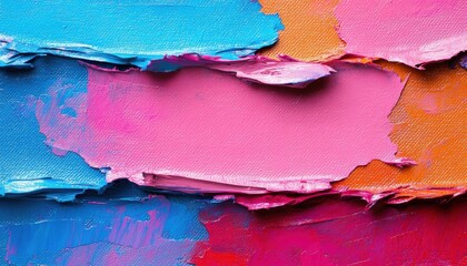 Vibrant abstract painting with layered textures in bright pink, blue, and orange hues