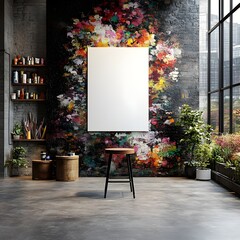 Blank white poster mockup on a colorful wall in a creative artist studio surrounded by painting supplies. 3d rendering