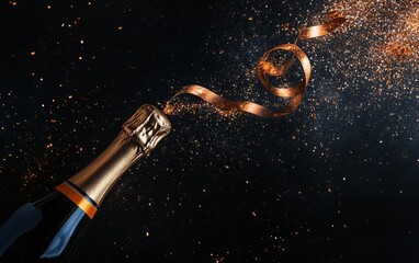 Fototapeta premium Sparkling champagne bottle with cork flying off, ribbons flowing outward, leaving clear space at the top for text