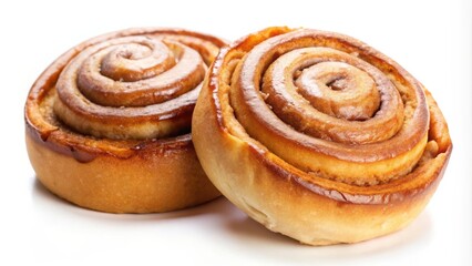 Fototapeta premium Two freshly baked cinnamon rolls with a glossy cinnamon swirl and a sugary glaze, isolated on a white background.