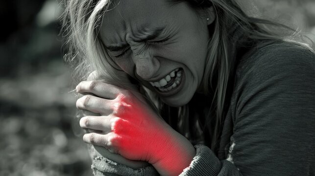 Woman wincing in pain while clutching her wrist, the wrist area shown in red to signify injury.