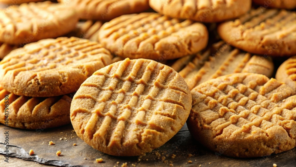 Poster A close-up image of a stack of freshly baked peanut butter cookies with a crisscross pattern on top, arranged on a dark, textured surface. The cookies are golden brown and appear soft and chewy.