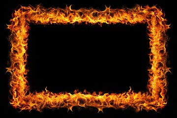 Burning flames in rectangular frame silhouette isolated on black background