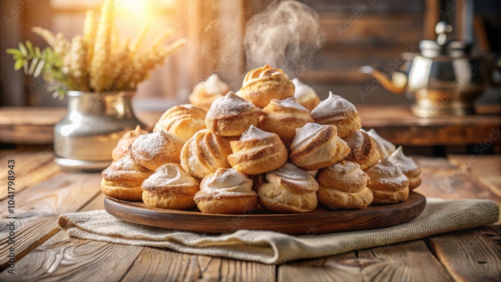 Poster a plate piled high with freshly baked cream puffs dusted in powdered sugar, illuminated by a warm su
