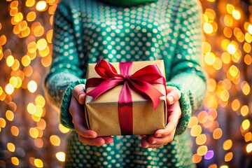 Close-Up Panorama of Hands Presenting a Gift with Bokeh Effect for Celebration and Special Occasions