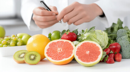 
Nutritionist giving consultation to patient with healthy fruit and vegetable, Right nutrition and diet concept