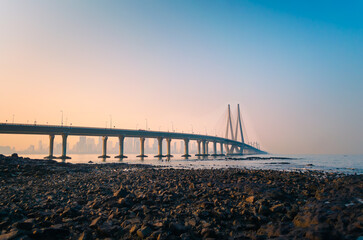 Bandra Worli Sea Link, Mumbai in the evening. It is  a cable-stayed bridge that links Bandra in the Western Suburbs of Mumbai with Worli in South Mumbai
