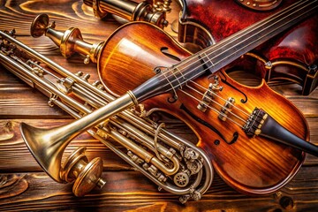 Fototapeta premium Closeup Portrait of Classical Musical Instruments: Violin, Trumpet, and Clarinet Details for Music Enthusiasts