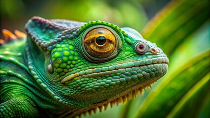 Fototapeta premium Closeup Portrait of a Green Chameleon - Vibrant Colors and Unique Features for Nature Photography