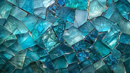 A close up of an abstract mosaic made from blue and teal glass fragments,...