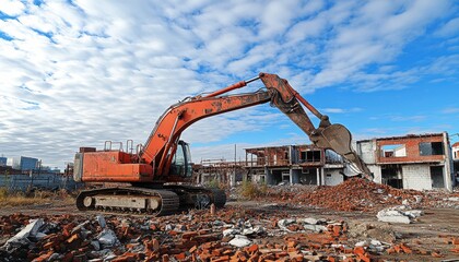 Excavator at a construction site during a sunny day demolishing old structures