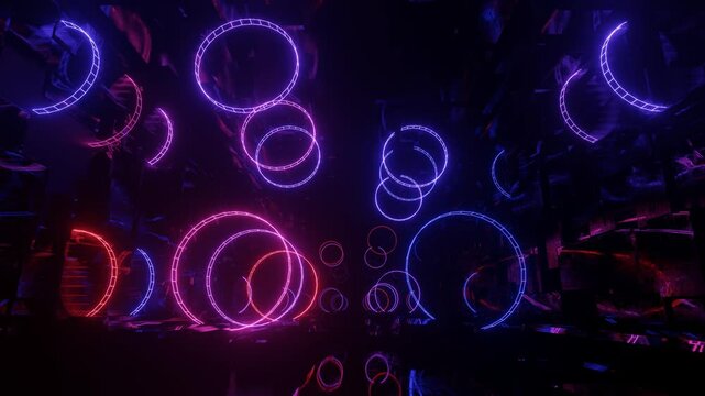 Hi-tech neon sci-fi tunel. Trendy neon glow lines form pattern and construction in mirror tunnel. Fly through technology cyberspace. 3d looped seamless 4k bright youth background.