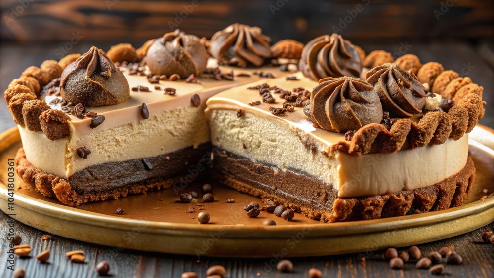 Poster a decadently layered coffee cake with a creamy chocolate center, topped with swirls of rich ganache 