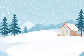 Snowy landscape with house and pine trees under falling snow