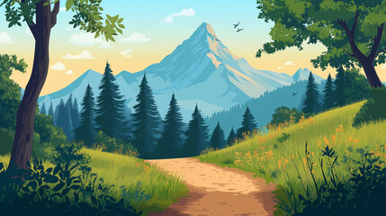 Obraz premium Hiking trail leading through a forest with a mountain peak in the background illustration