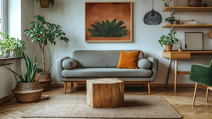 Cozy Living Room Design with Plants, Wooden Furniture, and a Rug