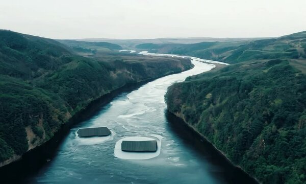 shot with river valley: The camera starts high above, overlooking a winding river with abstract shapes positioned along the banks. As the descends, the river's curves and the surrounding landscape unf