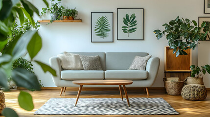 Living Room Design with Green Plants and a Grey Sofa