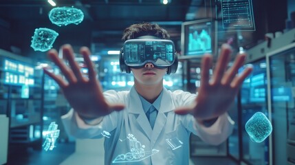 Engineer interacts with VR tech in advanced laboratory.