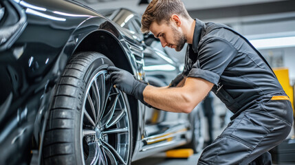 Auto technician fastening bolts on sleek glossy car tire