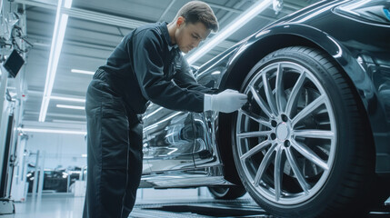 Focused technician inspects black car wheel closely.
