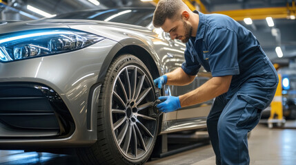 Worker with gloves maintains silver car in workshop.