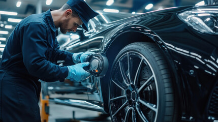 Obraz premium Mechanic using tool on car wheel in workshop setting