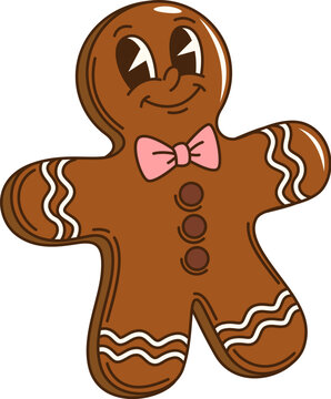 Cartoon groovy Christmas gingerbread man character. Isolated vector gingerman holiday pastry personage. Freshly baked, cheerful, delightful, traditional homemade Xmas confection for festive greetings