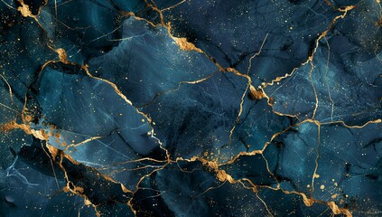 Abstract background, black and blue marble texture with gold cracks. Luxury...