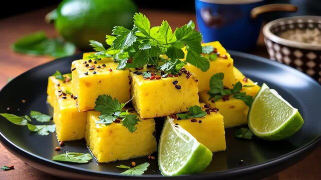 Delicious indian dhokla garnished with cilantro and lime wedges